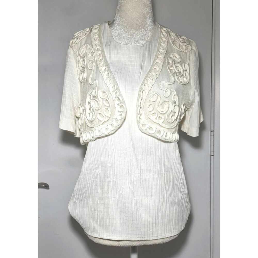 VTG Beverly Rose Blouse Size S Cream w/ Embroidered Bolero Overlay Made in USA